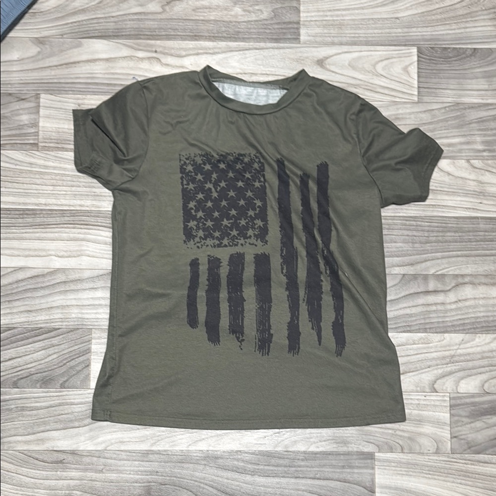 Olive Green Kids T-Shirt with Flag Design